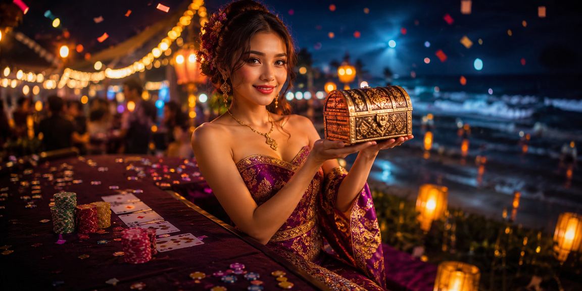 Suasana malam di pasar malam dengan latar baccarat kasino live